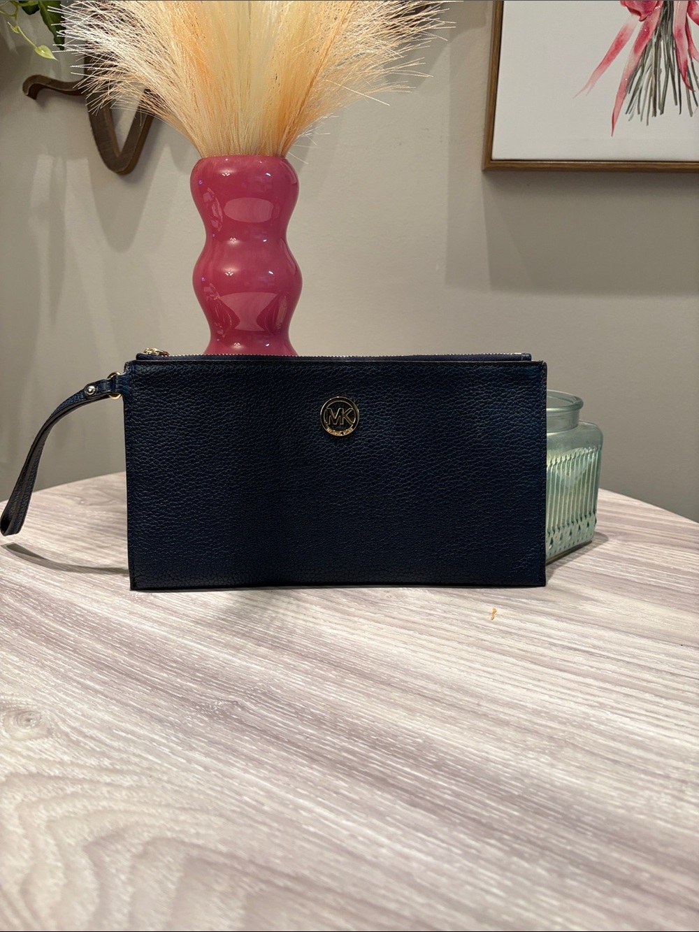 Michael Kors Navy Leather Wristlet Clutch with Gold MK Emblem